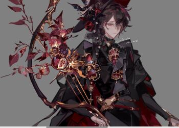  1boy belt black_cloak black_hair black_hat black_veil bow_(weapon) branch brooch cape cloak flower food formal_clothes fruit gem grey_background hair_between_eyes hair_flower hair_ornament hat hat_flower highres holding jewelry liulianjingrua long_sleeves male_focus original pearl_(gemstone) pomegranate red_eyes red_flower rose shirt short_hair simple_background solo upper_body veil weapon 