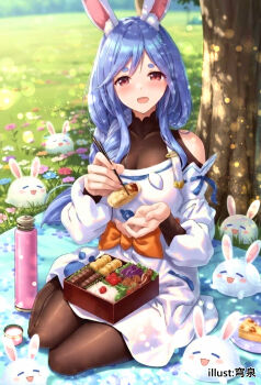  1girl absurdres animal_ear_fluff animal_ears bento black_bodysuit black_pantyhose blue_hair blush bodysuit braid braided_ponytail breasts chopsticks commentary_request dress highres holding holding_chopsticks hololive izumikuu large_breasts looking_at_viewer mature_female multicolored_hair open_mouth orange_eyes pantyhose pekomama pekomama_(1st_costume) pekomon_(usada_pekora) rabbit_ears rabbit_girl smile solo two-tone_hair virtual_youtuber white_dress white_hair 