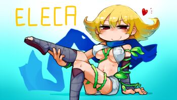  1girl bare_shoulders blonde_hair breasts character_name covered_erect_nipples elbow_gloves gloves heart kid_icarus kid_icarus_uprising large_breasts leaf looking_at_viewer masha nintendo phosphora short_hair shorts sleeveless smile underboob 