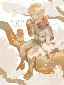  1boy a15179222 anniversary aqua_tunic black_cloak blonde_hair boots brown_boots cloak commentary_request copyright_name creature earrings fingerless_gloves food fruit full_body gloves hair_between_eyes highres holding holding_food holding_fruit hood hood_down hooded_cloak in_tree jewelry korok link low_ponytail male_focus medium_hair nintendo pants pointy_ears ponytail sidelocks the_legend_of_zelda the_legend_of_zelda:_breath_of_the_wild tree tunic twitter_username white_pants 