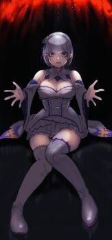  1girl absurdres bare_shoulders braid breasts cleavage commentary_request crazy_eyes crown_braid dress elf emilia_(re:zero) flower hair_flower hair_ornament hair_ribbon highres looking_at_viewer medium_breasts nikuman_(samara) official_alternate_hair_length official_alternate_hairstyle pointy_ears purple_eyes purple_ribbon re:zero_kara_hajimeru_isekai_seikatsu re:zero_kara_kasaneru_isekai_seikatsu ribbon rose sitting smile solo thighhighs thighs white_flower white_hair white_rose white_thighhighs x_hair_ornament 