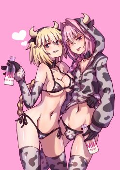  1boy 1girl animal_ears animal_print astolfo_(fate) bikini blonde_hair blue_eyes bottle braid braided_ponytail breasts bulge choker cleavage cleft_of_venus cow_ears cow_horns cow_print cow_print_bikini detached_sleeves fate/grand_order fate_(series) fur_trim gloves heart hej_510 hood hoodie horns jeanne_d'arc_(fate) medium_breasts milk milk_bottle navel one_eye_closed pink_eyes pink_hair print_bikini side-tie_bikini_bottom simple_background skindentation swimsuit thighhighs tongue tongue_out 