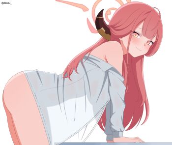  1girl arm_support armpit_crease aru_(blue_archive) ass bent_over blue_archive blunt_bangs blush breasts closed_mouth collared_shirt commentary cowboy_shot demon_girl demon_horns dsuzu embarrassed eyelashes from_side furrowed_brow halo hanging_breasts highres horns large_breasts long_hair long_sleeves naked_shirt open_clothes open_shirt paid_reward_available pink_eyes pink_hair pink_halo see-through_clothes see-through_shirt see-through_silhouette shirt simple_background single_bare_shoulder slit_pupils solo straight_hair thighs tsurime twitter_username very_long_hair wavy_mouth white_background 