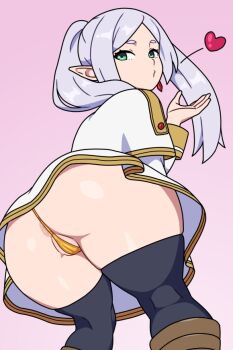  1girl ass black_thighhighs boots brown_boots cameltoe capelet closed_mouth elf expressionless feet_out_of_frame female_focus frieren frieren_blowing_a_kiss from_behind from_below green_eyes grey_hair hand_up huge_ass kabeume leaning_forward long_hair long_pointy_ears looking_at_viewer looking_back panties pink_background pointy_ears sideways_glance simple_background solo sousou_no_frieren standing thighhighs thong tunic twintails underwear white_capelet white_tunic yellow_panties 