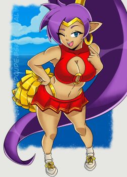  1girl alternate_costume artist_name blue_eyes breasts cheerleader cleavage cleavage_cutout clothing_cutout datwondoude hand_on_own_hip highres large_breasts legs long_hair looking_at_viewer midriff navel one_eye_closed open_mouth pointy_ears pom_pom_(cheerleading) ponytail purple_hair shantae shantae_(series) skirt smile solo teeth thighs thong tongue very_long_hair whale wink 