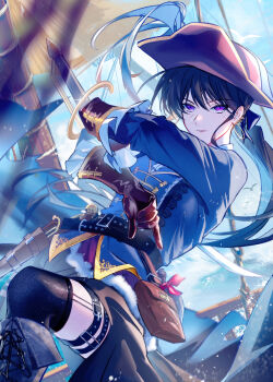  1girl absurdres bang_dream! bang_dream!_it's_mygo!!!!! black_boots black_hair black_thighhighs blue_jacket boots commentary ear_piercing english_commentary hair_between_eyes hat hero45439083942 highres holding holding_sword holding_weapon holster jacket long_hair mole mole_under_eye piercing pirate_costume pirate_hat purple_eyes shiina_taki solo sword thigh_strap thighhighs weapon 