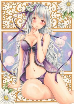  1girl absurdres arm_at_side arm_support babydoll bow bow_babydoll breasts collarbone commentary_request flower grey_hair hair_flower hair_ornament hair_ribbon hand_up highres large_breasts lingerie long_hair marker_(medium) midori_(mira567) navel no_pants original panties partial_commentary purple_babydoll purple_panties purple_ribbon red_eyes ribbon see-through_babydoll see-through_clothes side-tie_panties sitting solo stomach traditional_media underwear variant_set wavy_hair white_flower 