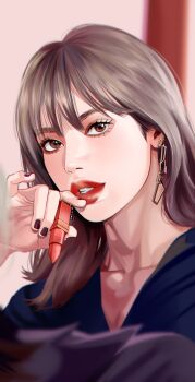  1girl am_202004 black_eyeliner black_nails blackpink blunt_bangs brown_eyes brown_hair cosmetics earrings eyeliner eyeshadow hashtag-only_commentary holding holding_lipstick_tube jewelry lipstick_tube lisa_(blackpink) long_hair makeup mascara real_life red_lips solo 