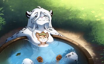  2girls ahoge amelia_(twokinds) animal_ears bathtub breasts cat_ears closed_eyes commentary completely_nude english_commentary fluffy furry furry_female girl_on_top headband highres in_bathtub long_hair medium_breasts multiple_girls no_nipples no_pussy nude official_art outdoors partially_submerged pawpads same-sex_bathing shared_bathing size_difference smile snow_leopard_ears spotted_fur tom_fischbach twokinds water white_fur white_hair windstraw 