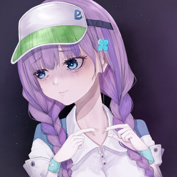  1girl absurdres baseball_cap blue_eyes blush braid commentary_request date_akari hat heaven_burns_red highres interlocked_fingers kalin_note looking_to_the_side multicolored_hair pink_hair purple_hair 