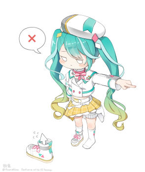  1girl angry aqua_hair artist_name beret blonde_hair blush_stickers bow bowtie buttons colored_tips commentary cropped_jacket cursor deformed double-breasted flying_sweatdrops fuwashima gradient_hair hair_ornament hat hatsune_miku highres in_shoe jacket jitome layered_skirt long_hair looking_at_another magical_mirai_(vocaloid) magical_mirai_miku magical_mirai_miku_(2024) master_(vocaloid) mini_bowtie miniskirt multicolored_hair outstretched_arm pink_bow pink_bowtie plaid_clothes plaid_skirt pleated_skirt pointing shoes shorts shorts_under_skirt simple_background single_shoe skirt sneakers socks speech_bubble spoken_x standing twintails twitter_username unworn_shoes very_long_hair vocaloid watermark white_background white_eyes white_hat white_jacket white_socks x_(symbol) 