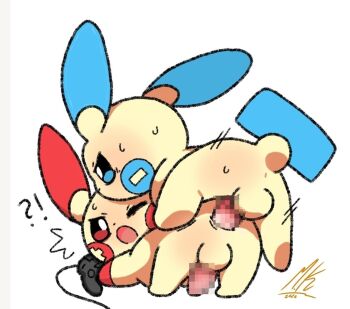 !? 2026 2boys all_fours anal animal_ears anus artist_request ass blue_eyes blush censored controller doggystyle furry furry_with_furry game_controller gen_3_pokemon highres male_focus minun mosaic_censoring multiple_boys nintendo one_eye_closed open_mouth penis plusle pokemon pokemon_(creature) red_eyes sex sex_from_behind sweat testicles white_background yaoi yellow_fur 