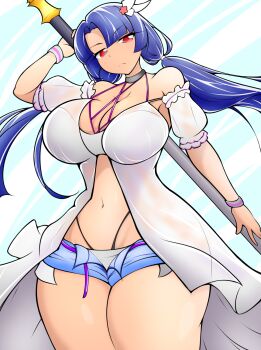  1girl action_taimanin alternate_costume alternate_hairstyle bikini bikini_under_clothes breasts holding holding_weapon large_breasts long_hair looking_at_viewer official_alternate_costume official_alternate_hairstyle solo swimsuit taimanin_(series) taimanin_murasaki weapon wide_hips yatsu_murasaki  rating:Questionable score:0 user:jojosstand