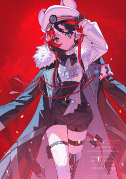  1girl adjusting_eyepatch aiguillette animal_ears arm_up ascot black_boots black_bow black_bowtie black_coat black_gloves black_hair black_shorts black_streaks blue_eyes boots bow bowtie bright_pupils center_frills coat coat_on_shoulders colored_tips commentary cross cross_facial_mark ears_through_headwear extra_ears eyepatch facial_mark fold-over_boots frilled_shirt frills fur-trimmed_coat fur_trim gloves grey_ascot hakos_baelz hakos_baelz_(steel_rose) hat heart heart_facial_mark high-waist_shorts highres hololive hololive_english knee_boots long_sleeves looking_at_viewer mouse_ears mouse_girl mouse_tail multicolored_hair official_alternate_costume official_alternate_hairstyle parted_lips peaked_cap puffy_long_sleeves puffy_shorts puffy_sleeves red_hair shirt short_hair_with_long_locks shorts single_knee_boot single_thighhigh solo suspender_shorts suspenders symbol-only_commentary tail tail_bow tail_ornament thigh_strap thighhighs torn_clothes torn_thighhighs virtual_youtuber wallet_chain watermark white_hat white_pupils white_shirt white_streaks white_thighhighs xyunx 