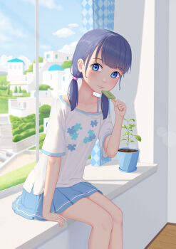  1girl absurdres abwan blue_eyes blue_hair blue_skirt blue_sky building closed_mouth cloud collarbone commentary_request curtains day feet_out_of_frame food hair_over_shoulder highres holding holding_food indoors looking_at_viewer low_twintails original plant pleated_skirt popsicle potted_plant shirt short_sleeves skirt sky solo twintails white_shirt window wooden_floor 