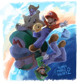  1girl 2boys blonde_hair blue_eyes blue_overalls brothers brown_hair brown_shoes commentary_request copyright_name crown facial_hair gloves grand_star_(mario) hat luigi luma_(mario) mario mario_(series) multiple_boys mustache newsboy_cap nintendo outstretched_arms overalls princess_peach shoes shuuno_(rcrock) siblings star_(symbol) starship_mario super_mario_galaxy_2 white_gloves 