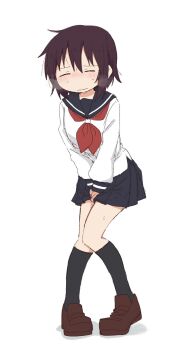 1girl between_legs black_socks blue_sailor_collar blue_skirt blush breath brown_hair brown_shoes closed_eyes closed_mouth embarrassed female_focus flat_chest full_body hand_between_legs have_to_pee heel_up kneehighs knees_together_feet_apart kude_rei_(ponnu_(tnpn2yw)) large_variant_set leaning_forward long_sleeves miniskirt neckerchief nose_blush original own_hands_together pigeon-toed pleated_skirt ponnu_(tnpn2yw) red_neckerchief sailor_collar school_uniform serafuku shirt shoes short_hair sidelocks simple_background skirt socks solo standing sweat v_arms variant_set white_background white_shirt