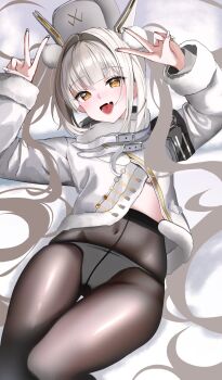  1girl black_pantyhose blanc_(fortune_express)_(nikke) blanc_(nikke) breasts coat commentary_request covered_navel double_v fang goddess_of_victory:_nikke hat highres korean_commentary kyoi_(kyo1koo2) looking_at_viewer medium_breasts official_alternate_costume official_alternate_hairstyle open_mouth panties panties_under_pantyhose pantyhose skin_fang solo twintails underwear v white_coat white_hat white_panties winter_clothes winter_coat yellow_eyes 