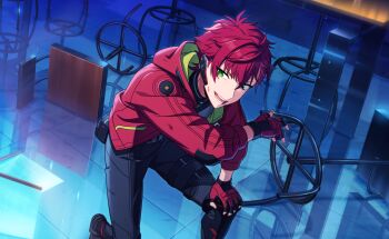  1boy black_pants fingerless_gloves fingernails gloves green_eyes headset helios_rising_heroes highres hood hood_down hooded_jacket jacket long_sleeves looking_at_viewer male_focus official_art open_clothes open_jacket open_mouth otori_akira pants red_hair smile solo teeth 
