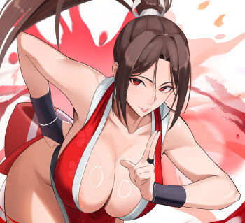  1girl absurdres bent_over breasts brown_hair cleavage collarbone commentary_request curvy fatal_fury hair_intakes hand_on_own_hip high_ponytail highres kuji-in large_breasts long_hair looking_at_viewer oruru63100814 parted_lips pelvic_curtain ponytail red_eyes shiranui_mai solo street_fighter street_fighter_6 thighs very_long_hair wide_hips 