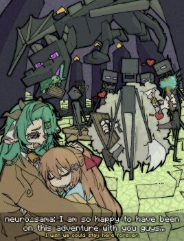  3girls animal_ears axe bell blue_sailor_collar brown_hair brown_jacket cardigan closed_mouth cow_ears cow_girl cow_horns crelly_(vtuber) ender_dragon enderman english_text fang fighting filian_(vtuber) green_hair hair_between_eyes hair_ribbon hashtag-only_commentary highres holding holding_axe holding_shield holding_sword holding_weapon horns indie_virtual_youtuber jacket long_hair long_sleeves minecraft multiple_girls neck_bell open_mouth pantsu-ripper red_eyes red_ribbon ribbon sailor_collar shield skin_fang sword teardrop turtle two_side_up vedal987 vedal_ai virtual_youtuber weapon yellow_cardigan 