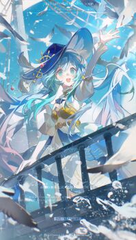  1girl :d absurdres arm_up bird blue_eyes blue_hair blue_hat blue_skirt blush day double-parted_bangs hair_between_eyes hat highres juliet_sleeves long_hair long_sleeves open_mouth original outdoors outstretched_arm puffy_sleeves shirt skirt smile solo watermark white_shirt yi_kuai_cha_suyou 