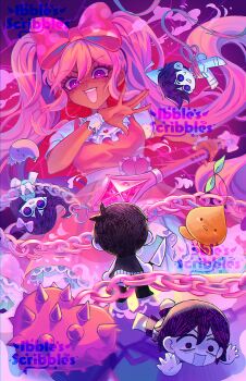  2girls 3boys :d @_@ \||/ absurdres antenna_hair artist_name aubrey_(headspace)_(omori) aubrey_(omori) barefoot belt black_hair bound bow bright_pupils brothers chain chibi commentary dark-skinned_female dark_skin double-parted_bangs dress english_commentary fangs flail frills from_below hair_behind_ear hair_between_eyes hair_bow heart hero_(headspace)_(omori) hero_(omori) highres holding holding_flail holding_knife holding_weapon ibble_(ibblescribbles) kel_(headspace)_(omori) kel_(omori) knife long_hair making-of_available mr._plantegg_(omori) multiple_boys multiple_girls omori omori_(omori) open_mouth pajamas pink_background pink_belt pink_bow pink_dress pink_eyes pink_hair polka_dot polka_dot_bow puffy_short_sleeves puffy_sleeves purple_eyes purple_hair shirt short_hair short_sleeves shorts siblings simple_background smile solo_focus sprout_mole striped_clothes striped_shorts stuffed_eggplant stuffed_toy sweetheart_(omori) teeth tied_up_(nonsexual) twintails upper_teeth_only v-shaped_eyebrows vertical-striped_clothes vertical-striped_shorts watermark weapon white_pupils white_shirt white_wrist_cuffs wide-eyed wrist_cuffs 