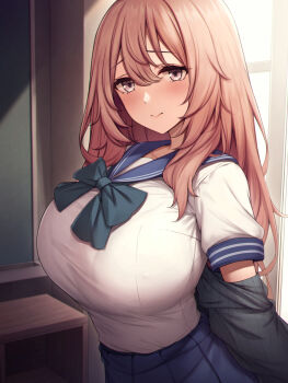 1girl absurdres blue_sailor_collar blue_skirt blush bow bowtie bralines breasts brown_hair chalkboard classroom closed_mouth commentary_request curvy hair_between_eyes highres huge_breasts indoors inui_shinju kannko_bokujou large_breasts long_hair looking_at_viewer sailor_collar school_uniform serafuku shirt shirt_tucked_in short_sleeves skirt solo sono_bisque_doll_wa_koi_wo_suru upper_body white_shirt window rating:Sensitive score:172 user:danbooru