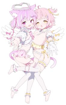  2girls :d absurdres ahoge animal_ear_fluff animal_ears asymmetrical_docking barefoot blush bow bow_legwear bow_on_wing breast_press breasts cat_ears cat_girl cat_tail commentary commission crop_top cropped_shirt detached_leggings detached_sleeves elf fang frilled_skirt frills full_body gloves hair_ornament hair_ribbon halo heart heart-shaped_pupils heart_hair_ornament heart_halo highres large_breasts leg_up looking_at_viewer microskirt multicolored_hair multiple_girls navel one_side_up open_mouth original outstretched_arm panties pill_hair_ornament pink_bow pink_eyes pink_hair pink_skirt pleated_skirt pointy_ears ribbon shirt short_hair short_sleeves simple_background skeb_commission skin_fang skirt smile streaked_hair symbol-shaped_pupils tail underwear urotsuki_(ku9625) white_background white_gloves white_panties white_shirt white_sleeves white_steaks white_wings wings yellow_bow yellow_ribbon 