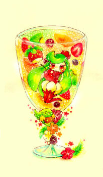  blueberry bounsweet cherry comfey commentary_request cup food fruit full_body gen_7_pokemon holding holding_food holding_fruit in_container in_cup looking_at_viewer nintendo orange_(fruit) orange_slice pokemon pokemon_(creature) solo strawberry traditional_media tsareena watercolor_pencil_(medium) white_background yukichi_0611 