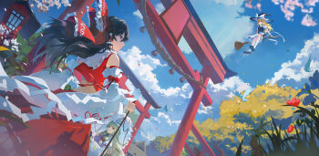  3girls absurdres apron beach black_shoes black_skirt black_vest blonde_hair blue_sky bow broom broom_riding chest_sarashi closed_mouth cloud commentary_request day detached_sleeves falling_petals frilled_hair_tubes frills gohei hair_bow hair_tubes hakurei_reimu hat highres holding holding_gohei holding_umbrella kirisame_marisa lantern long_hair looking_ahead looking_at_another mary_janes midriff_peek multiple_girls nontraditional_miko outdoors parasol petals puffy_short_sleeves puffy_sleeves qianeyejiaorouji red_skirt sarashi shirt shoes short_sleeves shrine sidesaddle skirt sky socks spring_(season) torii touhou umbrella vest waist_apron white_apron white_shirt white_socks white_umbrella wide_sleeves witch_hat yakumo_yukari 