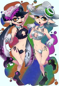  +_+ 2girls black_bra black_hair black_panties bow bra breasts callie_(splatoon) cleavage cleavage_cutout clothing_cutout detached_collar earrings fangs food food_on_head frilled_bra frills full_body gloves groin hair_bow hat highres inkling jewelry leg_lift long_hair looking_at_viewer marie_(splatoon) midriff mole mole_under_eye multiple_girls navel nintendo object_on_head one_eye_closed open_mouth orange_eyes panties pointy_ears short_hair side-tie_panties silver_hair small_breasts smile splatoon_(series) splatoon_1 standing standing_on_one_leg symbol-shaped_pupils tentacle_hair tentacles thick_eyebrows underwear white_bra white_gloves white_panties yamaneko 