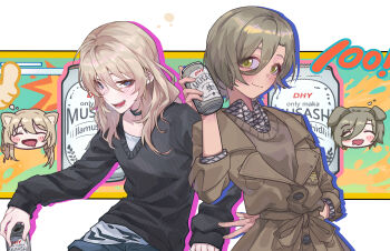  2girls absurdres alcohol animal_ears asahi_breweries ayami59266 beer beer_can black_sweater blue_eyes blue_shorts blush brand_name_imitation brown_coat brown_eyes brown_hair brown_sweater can cat_ears chibi chibi_inset closed_mouth coat commentary dog_ears drink_can english_commentary girls_band_cry grey_hair grey_shirt hair_between_eyes highres holding holding_can kawaragi_momoka kemonomimi_mode long_hair long_hair_between_eyes mole mole_under_eye mouth_hold multicolored_hair multiple_girls open_mouth roots_(hair) rupa_(girls_band_cry) shirt shorts sweater teeth three-quarter_sleeves 