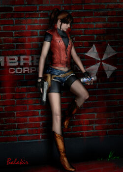  boots claire_redfield g_virus gloves gun handgun highres jacket miniskirt ponytail red_hair resident_evil resident_evil:_the_darkside_chronicles resident_evil_2 skirt umbrella weapon  rating:Sensitive score:33 user:Leonheart777