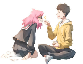  1boy 1girl ^^^ black-framed_eyewear black_hair black_pants black_serafuku black_shirt black_skirt boku_no_hero_academia clenched_teeth closed_eyes commentary_request cup feeding food from_side glasses haimawari_kouichi haneyama_kazuho highres holding holding_cup hood hoodie hunched_over indian_style kneehighs laughing long_hair long_sleeves midriff_peek mouth_hold no_shoes open_mouth pants pink_hair pleated_skirt profile pudding sailor_collar school_uniform seiza serafuku sharp_teeth shirt short_hair sideways_mouth signature simple_background sitting skirt socks teeth very_short_hair vigilante_-boku_no_hero_academia:_illegals- white_background white_sailor_collar white_socks yanmyhony yellow_hoodie 