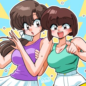  2girls :d :o aqua_background aqua_tank_top artist_name bare_shoulders blunt_bangs blunt_ends blush bob_cut breasts brown_eyes brown_hair cleavage collarbone commentary cowboy_shot flying_sweatdrops hair_between_eyes hair_over_shoulder hair_ribbon hands_up holding_another's_arm inverted_bob large_breasts long_hair looking_at_viewer multiple_girls open_mouth outline pointing pointing_at_viewer ponytail purple_tank_top raised_eyebrows ranma_1/2 ribbon short_hair short_shorts shorts siblings side-by-side signature sisters skirt smile standing sweat tank_top teeth tendou_kasumi tendou_nabiki twitter_username two-tone_background upper_teeth_only wanta_(futoshi) white_outline white_ribbon white_shorts white_skirt yellow_background yellow_trim 