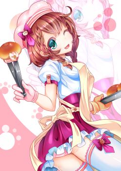  1girl ;d apron asymmetrical_gloves bow braid bread_bun breasts brown_hair clip_studio_paint_(medium) commentary_request frilled_skirt frills gloves green_eyes hat hat_bow high-waist_skirt highres holding holding_tongs looking_at_viewer medium_breasts medium_hair miniskirt mismatched_gloves one_eye_closed open_mouth original panties pantyshot patissier pink_background pink_gloves pink_hat pink_panties puffy_short_sleeves puffy_sleeves purple_bow purple_skirt shirt shirt_tucked_in short_sleeves side_braids skirt smile solo teltelhousi thighhighs tongs top_of_moe_2016 twisted_torso two-tone_background underwear white_background white_shirt white_thighhighs yellow_apron zoom_layer 