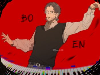  1boy alternate_sleeve_length arm_up beard belt black_belt black_sweater_vest blurry bo_en bright_pupils brown_hair brown_pants buttons calum_bowen closed_mouth collared_shirt commentary copyright_name cosplay depth_of_field eyepatch facial_hair glitch godgift06 grey_eyes hair_behind_ear halftone highres instrument long_sleeves looking_at_viewer male_focus medical_eyepatch omori one_eye_covered pants piano puffy_long_sleeves puffy_sleeves real_life red_background shirt short_hair simple_background solo sunny_(omori) sunny_(omori)_(cosplay) sweater_vest twitter_username upper_body white_pupils white_shirt  rating:General score:1 user:danbooru