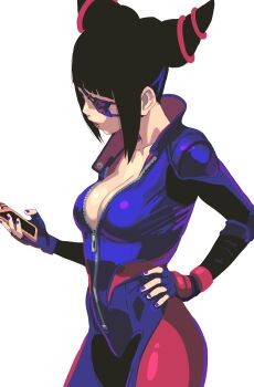  1girl black_hair bodysuit breasts commentary english_commentary eyepatch fingerless_gloves gloves hair_horns han_juri highres holding holding_phone latex latex_bodysuit phone purple_nails simple_background solo starhump street_fighter white_background 