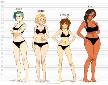  4girls asymmetrical_hair barefoot black_bra black_hair black_panties blonde_hair blue_eyes blush bra braid breasts brooke_(mleth) brown_eyes brown_hair character_name cleavage commentary dark-skinned_female dark_skin english_commentary english_text eyebrow_piercing face_piercing full_body glasses gluteal_fold green_eyes green_hair hair_over_shoulder hands_on_own_hips height_chart highres kim_(mleth) large_breasts looking_at_viewer medium_breasts medium_hair mleth multiple_girls navel one_eye_closed orange_eyes original panties piercing rimless_eyewear round_eyewear short_hair sidecut single_braid small_breasts stina_(mleth) thea_(mleth) thick_eyebrows thigh_gap toes undercut underwear underwear_only unfinished 