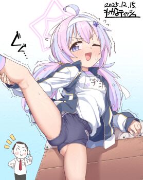  1girl ;d adversarial_noise ahoge artist_name ass black_buruma blue_archive blue_background blush buruma dated doodle_sensei_(blue_archive) flying_sweatdrops gradient_background hair_ornament halo highres holding_own_leg jacket kanabun loli long_hair long_sleeves low_twintails multicolored_hair name_tag one_eye_closed open_clothes open_jacket open_mouth pink_hair pink_halo purple_eyes purple_hair reisa_(blue_archive) sensei_(blue_archive) shirt smile sound_effects standing standing_on_one_leg star_(symbol) star_hair_ornament star_halo streaked_hair track_jacket trembling twintails white_shirt  rating:Sensitive score:17 user:ghotazegheo