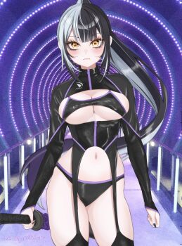  1girl absurdres bikini black_bikini black_hair black_nails black_shrug black_thighhighs breasts closed_mouth frown grey_hair high_ponytail highres holding holding_sword holding_weapon hololive hololive_english katana long_hair looking_at_viewer medium_breasts multicolored_hair navel ponytail shiori_novella shrug_(clothing) solo split-color_hair swimsuit sword thighhighs two-tone_hair uji10ukifune virtual_youtuber weapon yellow_eyes 