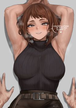  1boy 1girl absurdres armpits arms_up belt black_shirt blush boku_no_hero_academia breasts brown_belt brown_eyes brown_hair brown_pants commentary english_commentary english_text grey_background highres kalennoir large_breasts lying midoriya_izuku on_back pants scar scar_on_hand shirt short_hair simple_background sleeveless sleeveless_turtleneck smile steam sweat turtleneck uraraka_ochako 