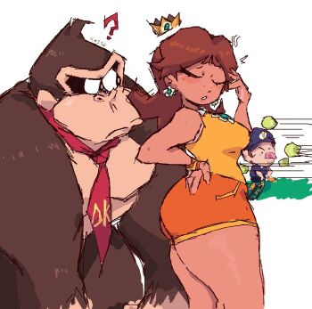  1girl 2boys ass baby_waluigi ball bare_legs breasts brown_hair closed_eyes crown donkey_kong freckles gorilla hand_on_own_head hand_on_own_hip landiax8 large_breasts legs mario_(series) mario_tennis mario_tennis_fever multiple_boys necktie nintendo parted_lips princess princess_daisy racket shirt shorts size_difference sleeveless sleeveless_shirt sportswear teeth tennis_ball tennis_racket tennis_uniform toddler tomboy waluigi 