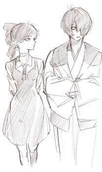  1boy 1girl aged_up arms_behind_back bags_under_eyes bow breasts chanchanko_(clothes) choker collared_shirt constricted_pupils cross_tie dress expressionless gegege_no_kitarou hair_bow hair_over_one_eye hands_in_opposite_sleeves highres japanese_clothes kimono kitarou large_bow long_sleeves looking_at_another looking_to_the_side medium_dress mihiro_00122 monochrome nekomusume nekomusume_(gegege_no_kitarou_6) parted_lips pinafore_dress pointy_ears sanpaku shirt short_hair sketch sleeveless sleeveless_dress small_breasts vest walking white_background wide_sleeves wing_collar yukata 