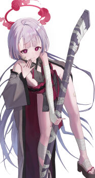  1girl antique_firearm arquebus bandaged_arm bandaged_foot bandaged_hand bandaged_leg bandages bell black_nails blue_archive bok_jin-myeong cleavage_cutout closed_mouth clothing_cutout coat commentary_request contrapposto firearm flat_chest gauze gauze_on_cheek gauze_on_face grey_coat grey_hair grey_sleeves gun halo hand_on_own_face highres holding holding_gun holding_weapon jingle_bell long_hair looking_at_viewer loose_clothes obi off_shoulder okobo petite platform_sandals red_eyes red_halo rifle sandals sash shuro_(blue_archive) sideless_dress sideless_kimono sideless_outfit solo standing very_long_hair weapon white_background 