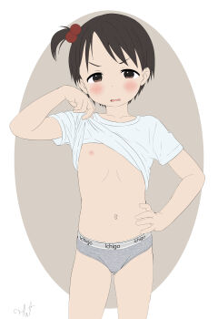  1girl blush brown_eyes brown_hair calvin_klein clothes_lift embarrassed flat_chest flatculture hand_on_own_hip ichigo_mashimaro itou_chika lifting_own_clothes loli looking_at_viewer navel nipples panties shirt shirt_lift short_hair standing underwear 