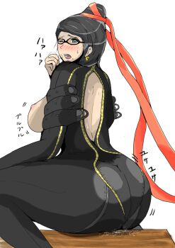  ass bayonetta bayonetta bayonetta_(series) black_hair blue_eyes blush breasts covered_erect_nipples glasses huge_ass large_breasts mole nipples pussy_juice translation_request trembling zhu_claw 