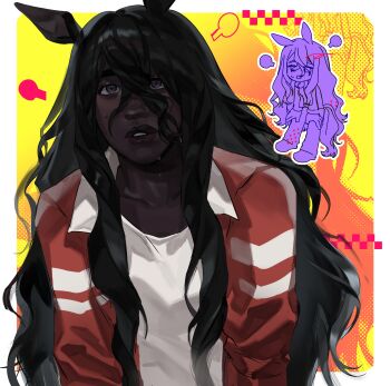  1girl absurdres animal_ears black_hair border chibi chinese_commentary collarbone collared_jacket commentary_request dark-skinned_female dark_skin exhausted friesian_horse_girl grey_eyes hair_between_eyes halftone halftone_background hands_on_own_thighs highres horse_ears horse_girl jacket long_hair long_hair_between_eyes long_sidelocks long_sleeves looking_at_viewer multiple_views open_clothes open_jacket original outside_border pants paparen parted_lips puff_of_air realistic red_jacket shirt shoes sidelocks sportswear striped_sleeves sweat teeth thick_eyebrows thick_lips tracen_training_uniform track_jacket umamusume upper_body very_dark_skin very_long_hair wavy_hair white_border white_shirt yellow_background zoom_layer 