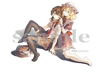  2girls artist_name blonde_hair bow brown_hair brown_hat brown_skirt brown_thighhighs cheek_poking chinese_commentary commentary_request dated dress furahata_gen hair_bow hat hat_bow highres maribel_hearn mob_cap multiple_girls necktie no_headwear one_eye_closed pantyhose poking purple_dress purple_eyes red_bow red_eyes red_necktie ribbon-trimmed_skirt ribbon_trim sample_watermark short_sleeves simple_background sitting skirt smile thighhighs touhou unworn_hat unworn_headwear usami_renko watermark white_background white_bow white_hat white_pantyhose wrist_cuffs 